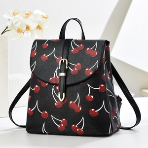 Women Cherry Print Backpack PU Leather Litchi Texture Sweet Cute Travel School Bag Flap Closure Gold Buckle Detail