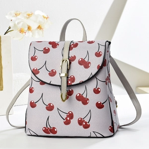 Fashionable cherry print backpack in grey faux leather with large capacity and buckle detail
