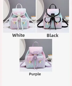 Detail view of colorful gradient leather backpacks with maple leaf patterns and front pockets