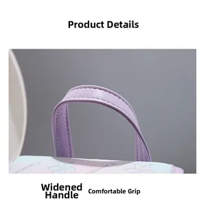 Detail of the widened reinforced handle on the purple gradient floral pattern backpack