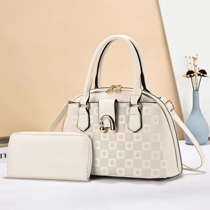 Elegant beige textured handbag and wallet set with gold hardware for stylish women