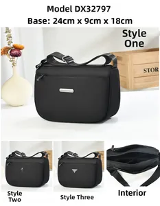 Detail view of black nylon crossbody bag showing 24x9x18cm dimensions and zippered layers