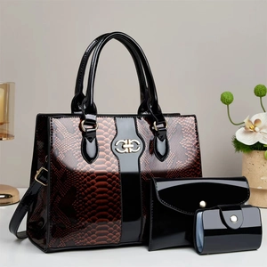 3-in-1 luxury snakeskin embossed tote and glossy black clutch set with gold buckles