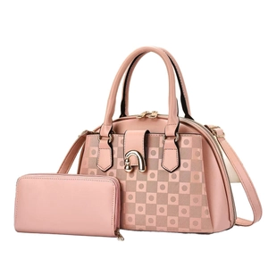 Pink faux leather handbag and long wallet set with textured geometric patterns and gold buckle