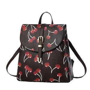 Women's brown faux leather backpack with cherry print and buckle flap closure