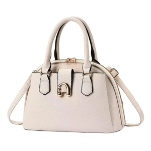 Beige lychee pattern leather satchel with golden horseshoe buckle and strap