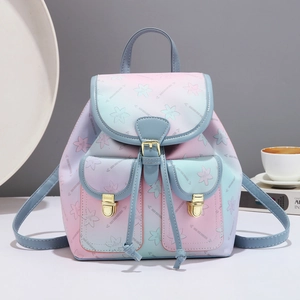 Chic pink purple gradient backpack for women with floral pattern and golden metal buckles