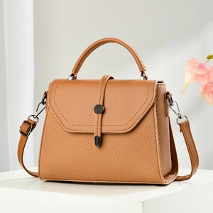 Caramel elegant square handbag with woven texture and adjustable shoulder strap for women