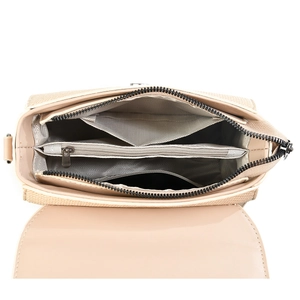 Detail view of the interior compartments and herringbone lining of this beige square bag