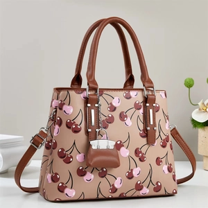 Women Cherry Print PU Leather Shoulder Bag Fashion Sweet Tote Bag With Mini Bag Charm Top Handle Crossbody