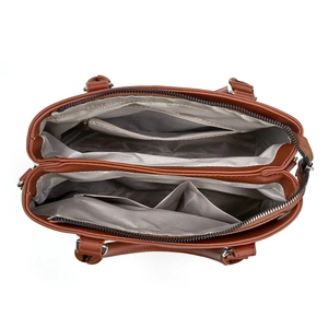 Interior view of brown tote bag showing multi-compartment design with herringbone lining