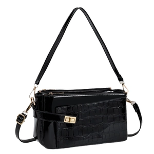 Black patent leather handbag with crocodile texture, gold clasp, and adjustable straps