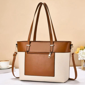 Two-tone tote bag with brown leather and beige woven fabric for daily commuting