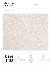 Detail of premium off-white PU leather with litchi grain texture and care instructions