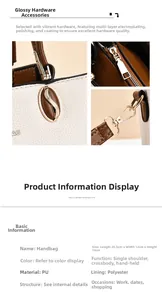Detail showing dimensions 25.5x12x19cm and textured PU leather grain on women's handbag