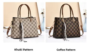 Detail view of khaki and brown vintage handbags with classic monogram pattern and twin handles