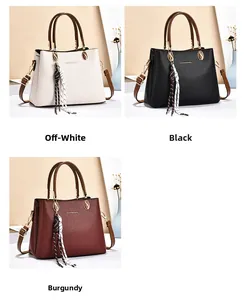 Litchi texture handbags in beige, black, and wine red with decorative silk scarves