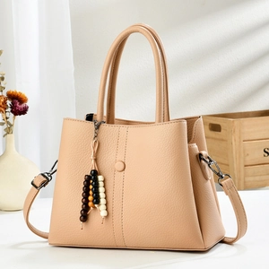 Women Lychee Texture PU Leather Handbag Crossbody Bag With Wooden Bead Tassel Charm Detachable Shoulder Strap Fashion