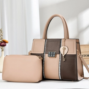 Color Block Tote Handbag And Clutch Pouch PU Leather Large Capacity Crossbody Bag With Key Pendant For Women