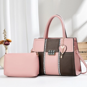Elegant woven tote bag set in pink and brown with heart charm and crossbody strap
