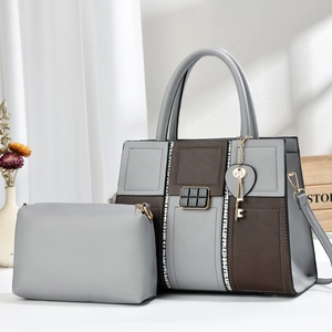 Minimalist woven tote bag set in grey and brown with detachable shoulder strap