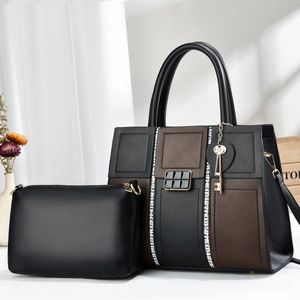 Three-color patchwork leather tote bag set with detachable key pendant and small pouch