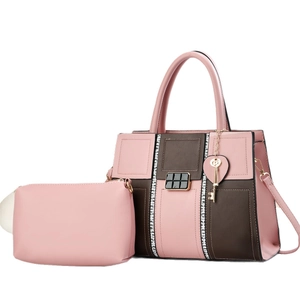 Pink and brown PU leather crossbody bag set with heart-shaped key charm and mini pouch