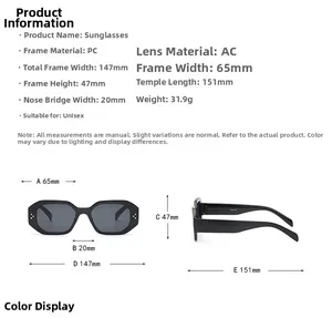 Tableau des tailles détaillé pour lunettes de soleil polygones avec mesures de monture PC