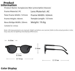 Tableau des tailles détaillé pour lunettes de soleil rétro montrant dimensions et monture PC