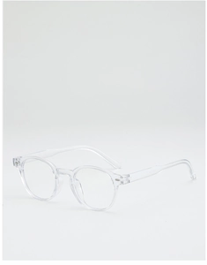 Détail macro de lunettes rondes transparentes montrant la charnière et la vis en métal