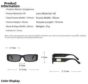 Detailed size chart for retro narrow rectangular sunglasses with precise PC frame measurements