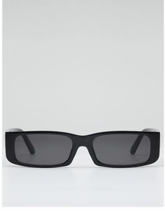 Front view of retro black rectangular sunglasses with wide frame and dark grey lenses