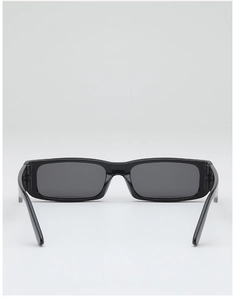 Rear view detail of minimalist narrow rectangular black sunglasses with sleek temples