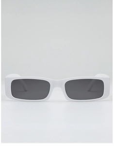 Front view of retro narrow rectangular sunglasses with white frames and dark lenses
