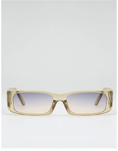 Close-up of vintage rectangular sunglasses with champagne frame and gradient lenses
