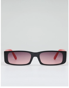Front view of rectangular retro sunglasses with black frames and red temples details