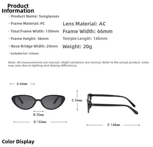 Detailed dimension chart showing cat eye sunglasses frame width and temple length