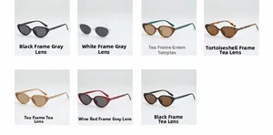 Collection of cat-eye sunglasses in various colors like black, white, and tortoiseshell