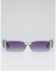 Detail of trendy rectangle sunglasses featuring grey frames and purple gradient lenses