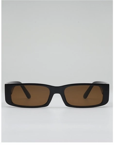 Front view of rectangular black sunglasses with brown lenses and sleek glossy frames