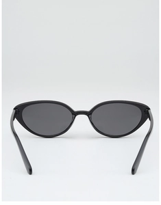 Detail of glossy black cat-eye sunglasses with silver stud rivets and dark grey lenses