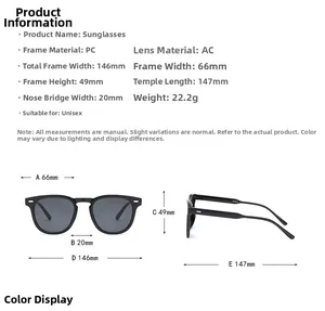 Detailed size chart for round fashion sunglasses showing frames dimensions and PC material