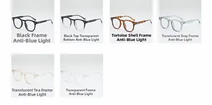 Detailed grid showing six stylish anti-blue light glasses in various retro frame colors