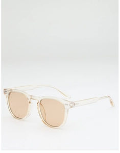 Close-up of transparent frames and light brown lenses on stylish round sunglasses
