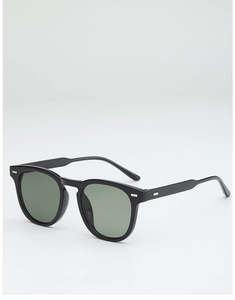 Detail view of black square frame sunglasses with silver metal studs and dark green lenses