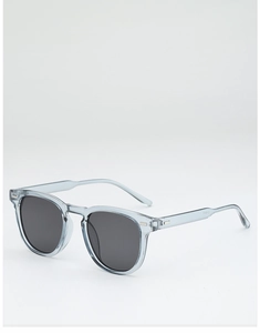 Close-up of light blue translucent sunglasses frame with visible metal hinge details
