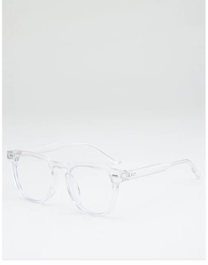Close-up of transparent resin frames with reinforced metal hinges and vintage square design