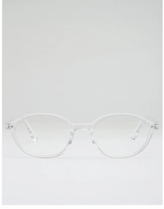 Vue détaillée de face de lunettes ovales transparentes modernes avec charnières en métal