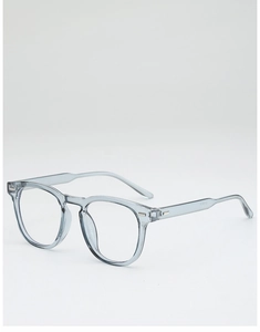 Detail view of round blue translucent eyeglass frames with metallic rivet accents