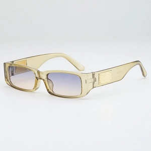Retro rectangle sunglasses with champagne frame and blue-pink gradient lenses
